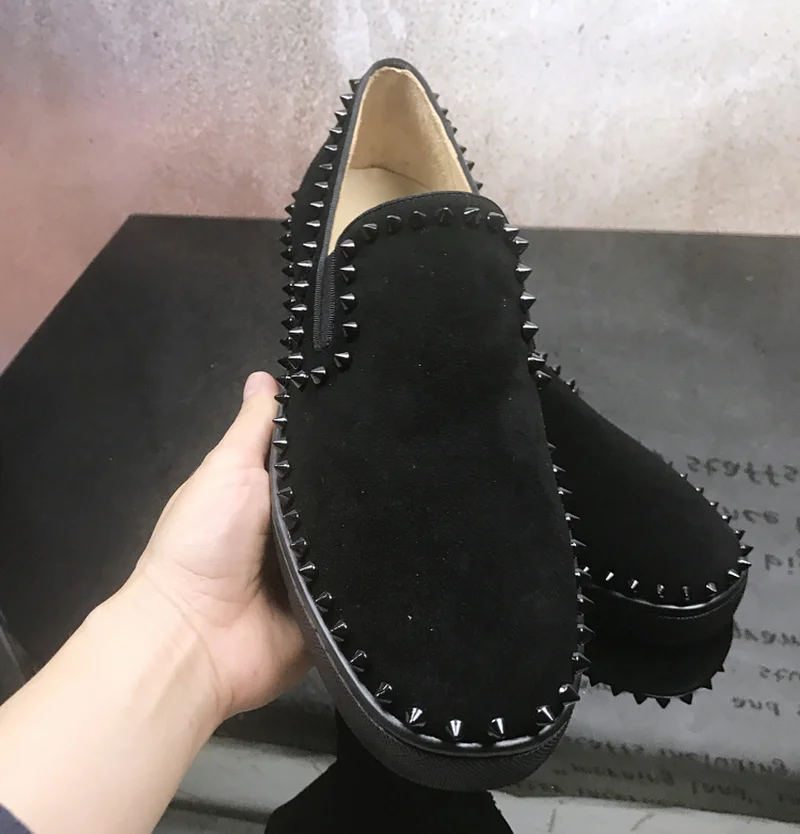 

Men shoes Black One circle Rivets High quality Red bottom Sneakers Leather Loafers 2018 Male Footwear Spring Autumn