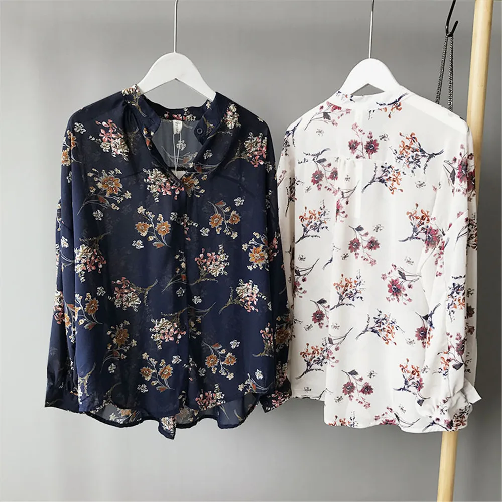 High quality Casual Chiffon Floral Women blouse shirt oversize Long sleeve Loose shirt office wear Flower tops Blusas Camisas (11)