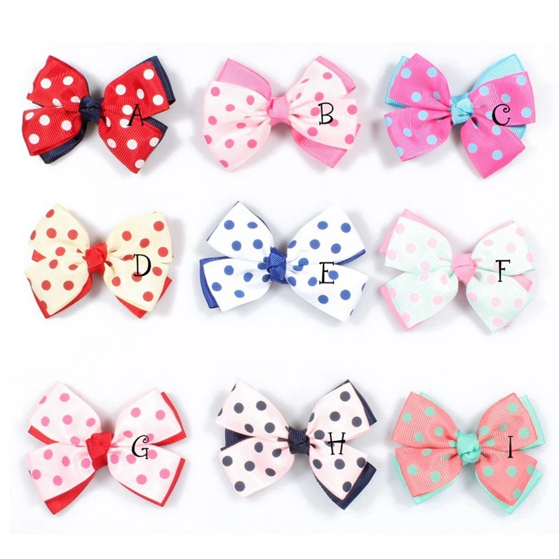 

120pcs/lot 3" 9colors High Quality Cheap Grosgrain Dot Ribbon Hair Bow Clip Girls Organza Hair Bows For Toddle Hair Accessories