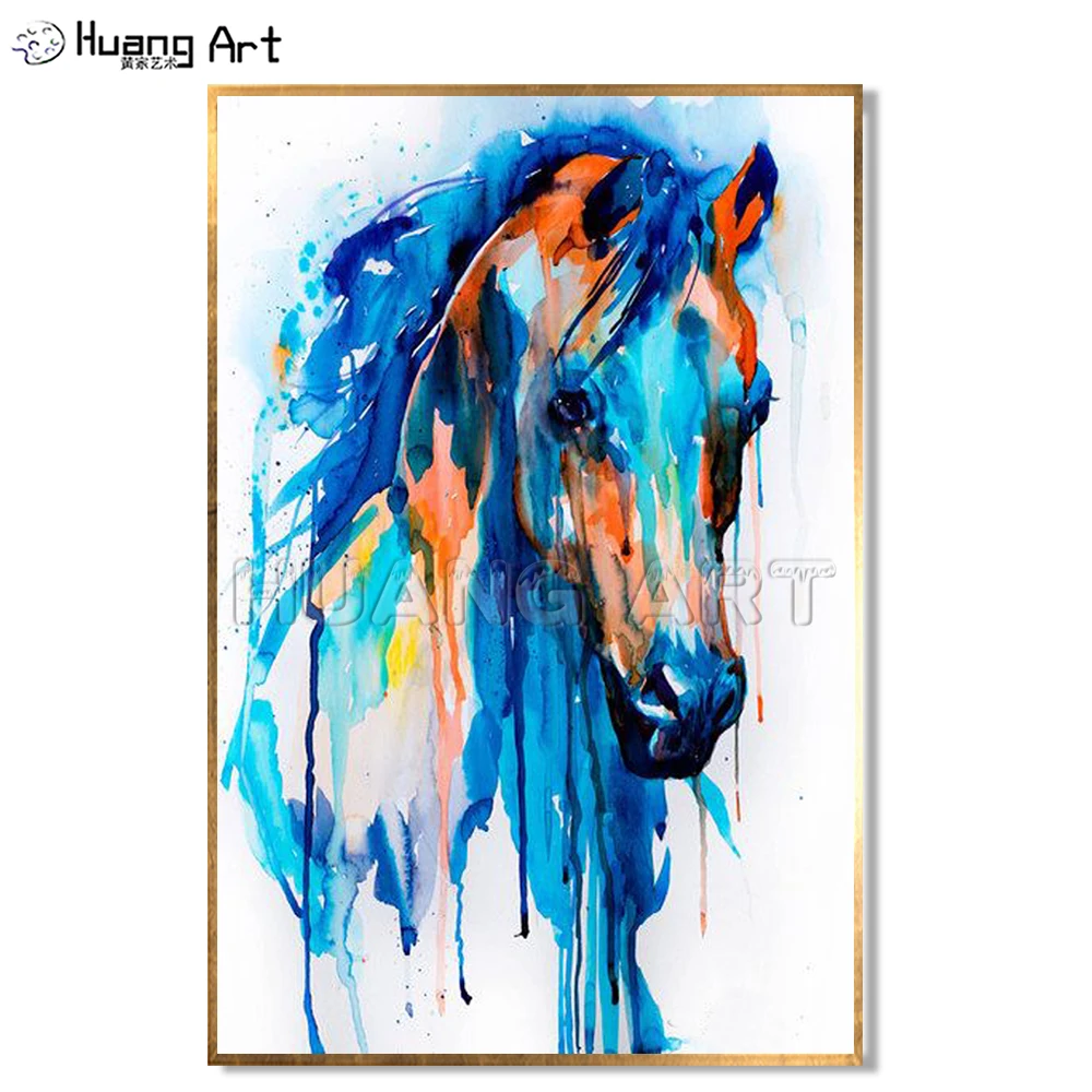 Artist Hand Painted Modern Artwork Bright Blue Color Horse Head