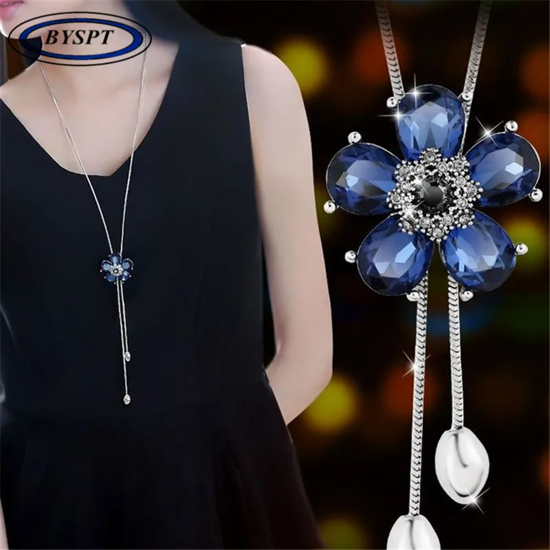

BYSPT Elegant Blue Crystal Flower Pendant Vintage Rhinestone Tassel Long Necklaces&Pendants New Fashion Jewelry Wholesale