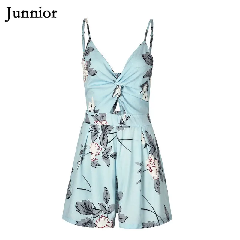 JUNNIOR Women Playsuit Sexy Chiffon Strap Romper Ladies Summer Holiday Beach V Neck Floral Print Backless Bowknot Bodysuit JUNNIOR Women Playsuit Sexy Chiffon Strap Romper Ladies Summer Holiday Beach V Neck Floral Print Backless Bowknot Bodysuit