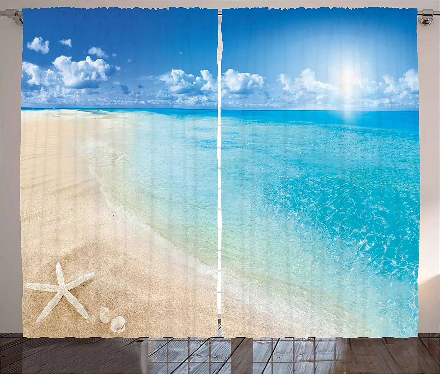 Пляжные шторы солнечное лето морской пейзаж с прозрачным небом Ракушки Морская звезда облака водная Картина гостиная спальня оконные шторы