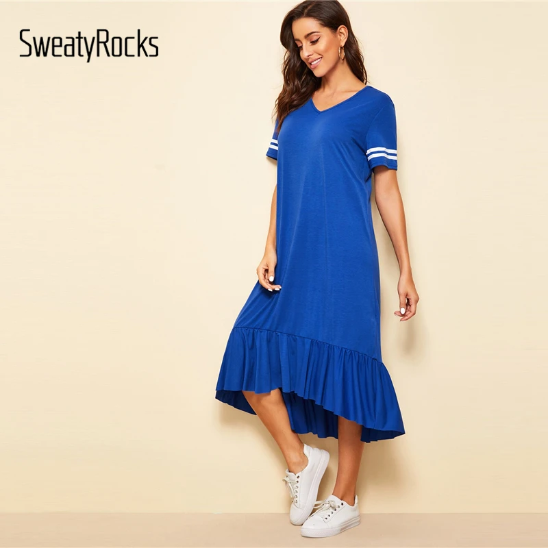 SweatyRocks, синее Полосатое платье с рукавами и рюшами на подоле для женщин, лето, для активного отдыха, v-образный вырез, миди платья, свободное Повседневное платье