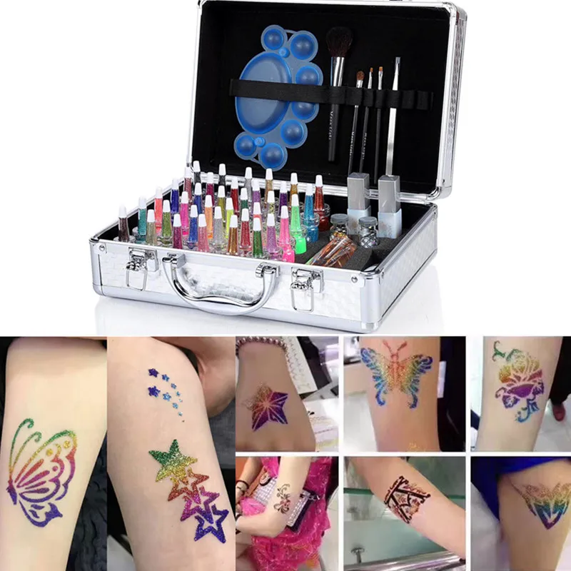 1 Set Shimmer Glitter 38 Colors Powder Henna Tattoo Kit Temporary