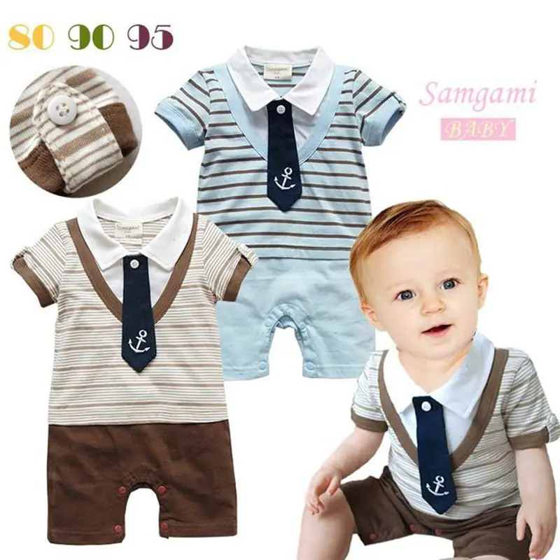 Summer Baby Boy's Gentleman Tie Rompers Stripe Boy Overall Wedding