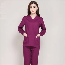 Новинка года Для женщин с длинным рукавом костюм медика устанавливает больницы врачи мундиры зубные ПЭТ клинике Красота Салон спецодежды Платья с v-образным вырезом