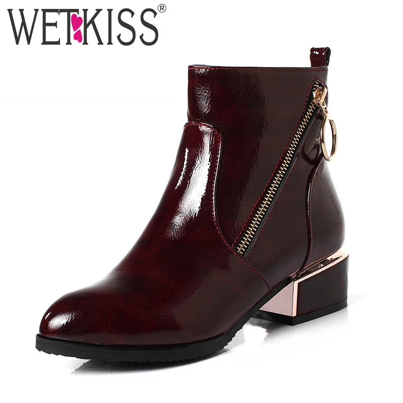 

WETKISS Patent Pu Women Ankle Boots Pointed Toe Zip Rubber Footwear Thick Heels Female Boot Shoes Woman 2018 Winter Black New