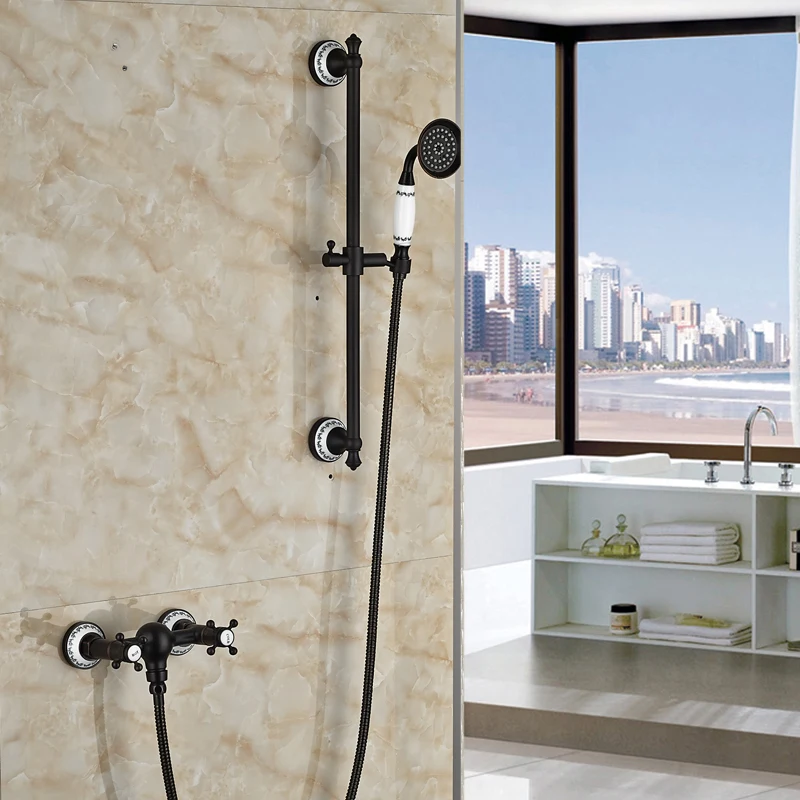 Dual Cross Handle Shower Faucet Set Wall Mount Handheld Sliding Bar Shower Mixer Tap Oil rubbed