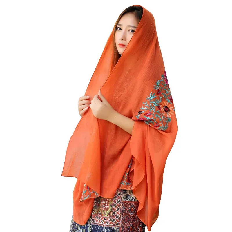 ZFQHJJ, женский шарф с вышивкой, хлопковый, льняной, Цветочный, мусульманский, хиджаб, шарф, большой, Пашмина, шаль, Индия, непальский тюрбан, головные уборы, 180x90 см