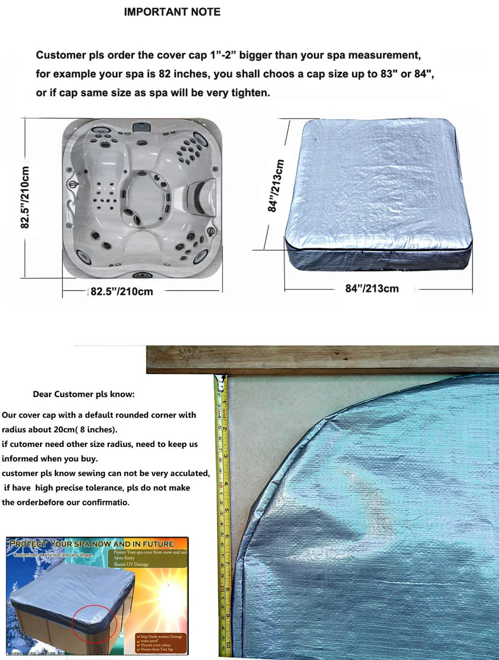Чехол для спа с изоляцией внутри, размер 213x213x30 8" x 84". X 12 дюймов) может настроить любую форму и размер