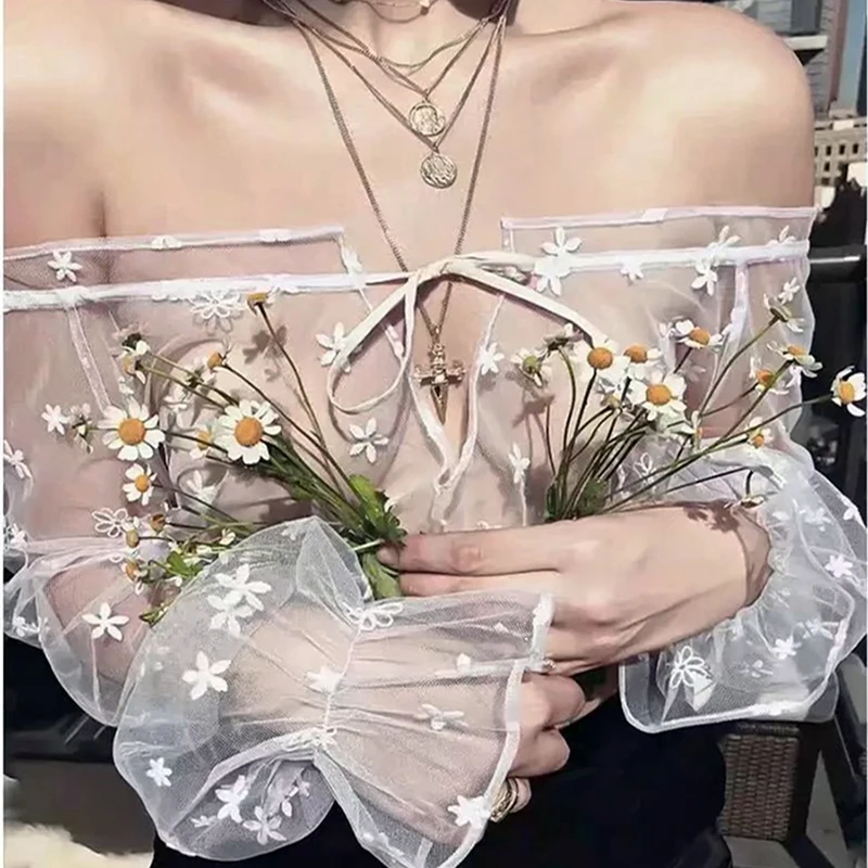 2018 Ins Summer New style see-through mesh embroidered lace blouse Sexy off shoulder Lace Blouse sunblock blouse a