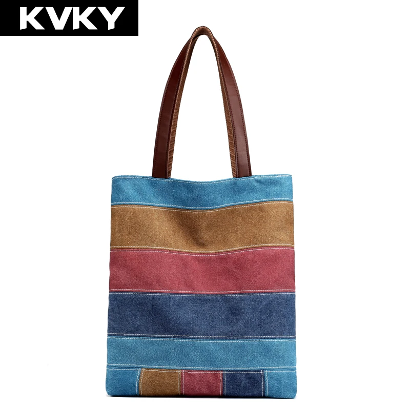 

KVKY Brand Canvas Bag Women Shoulder Bags Fashion Patchwork Female Handbags Ladies Casual Totes Lady Beach Shopping Bags Bolsas