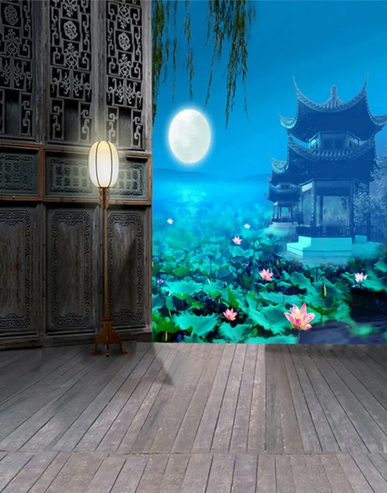 

Chinese Traditional House Door Wooden Floor Tower Lotus Lake Photography Backdrops Photo Props Studio Background 5x7ft