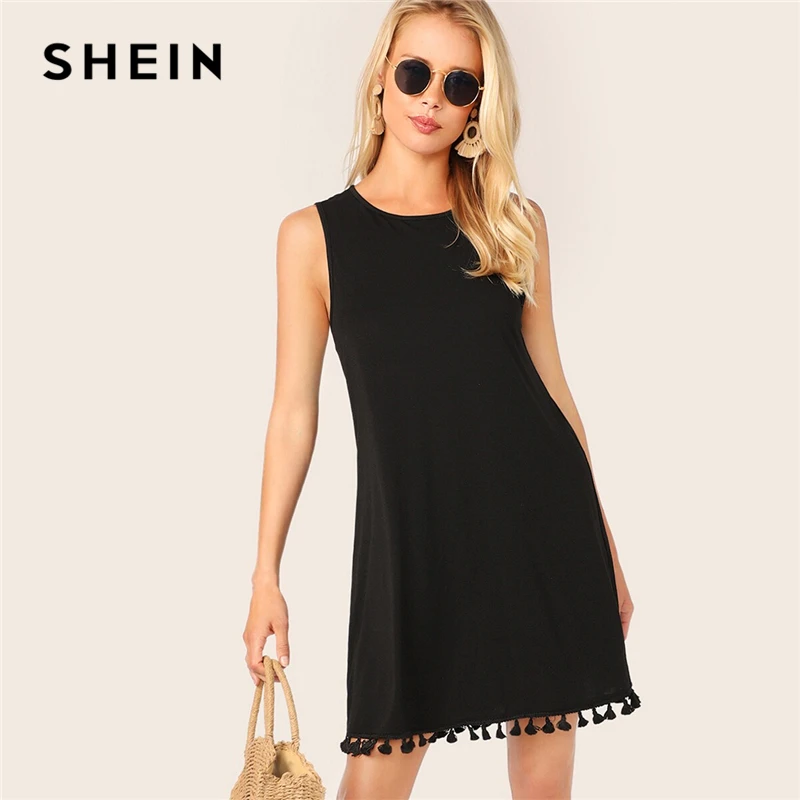 SHEIN Платье-туника без рукавов с кисточками, Boho, черное, однотонное, с бахромой, лето, круглый вырез, без рукавов, прямые платья