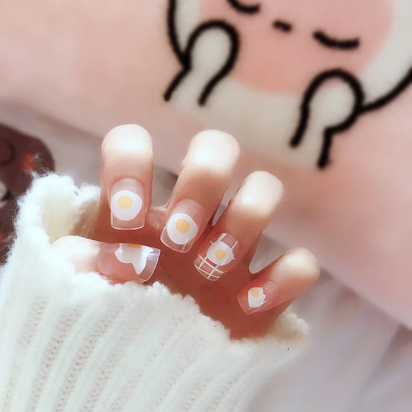 24 Pcs Cute Girls Egg Short False Nails Kawaii Transparent Fake Nails Fashion Simple With Glue Sticker