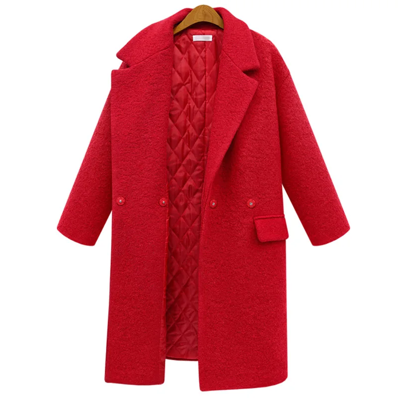 Женское шерстяное пальто с стеганой подкладкой, длинное зимнее шерстяное пальто красного и черного цвета, модное повседневное шерстяное пальто, большие размеры - Цвет: Красный