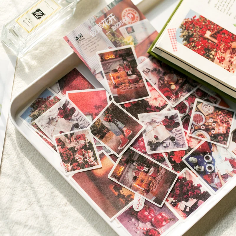 60pcs/box Journal Japanese Paper Stickers Paper Flower Vintage Coffee Decorative Diary Stickers Scrapbooking Flakes Stationery