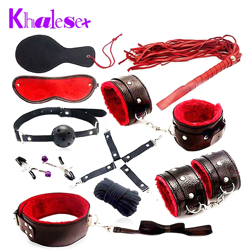 Khalesex 10 Pcs/set Sex Bondage Fetish Restraints Slave Woman Adult Sex Toys for Couples Handcuffs Whip Rope Eye Mask Sex Shop adult sex products bondage restraints 10 pieces set sex toys for couples handcuffs whip gag for adult slave game erotic toys