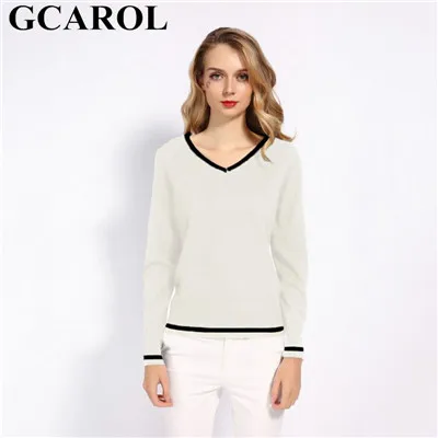 Женский джемпер в офисном стиле GCAROL, элегантный эластичный вязаный свитер из 30%-ной шерсти с V-образным вырезом на осень и зиму - Цвет: White