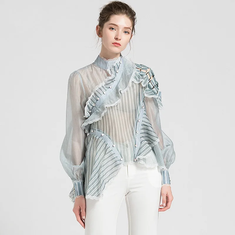 Chic Green Stripe Perspective of Short Shirt Blouse Female Garment Female Summer with Eugene Yarn High-collar Stitching Sexy Top Chic Green Stripe Perspective of Short Shirt Blouse Female Garment Female Summer with Eugene Yarn High-collar Stitching Sexy Top