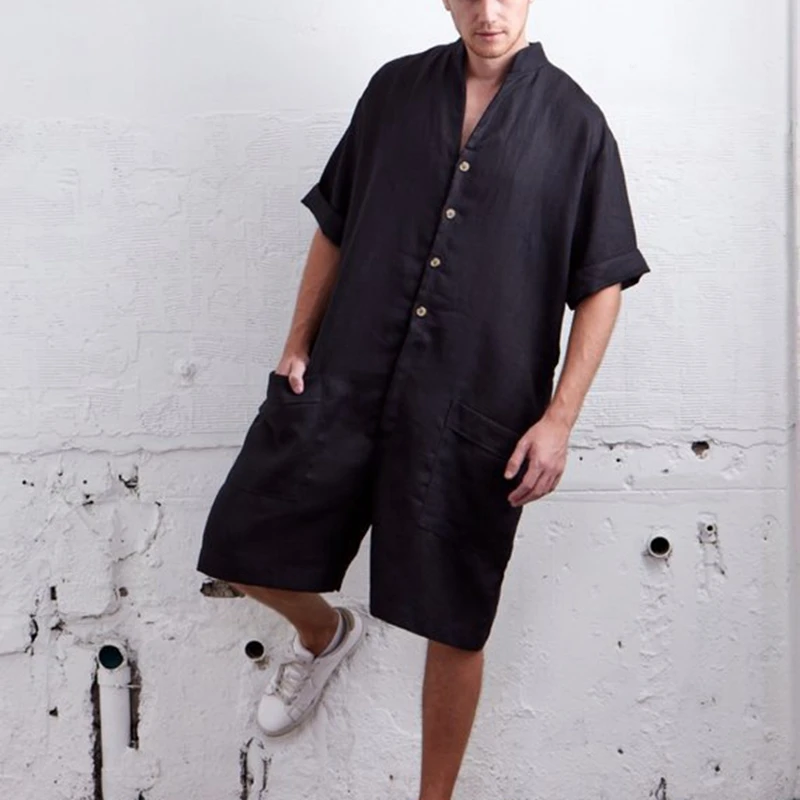 Laamei Casual Men Pants Rompers Solid Jumpsuit Leisure Button Loose Pockets Trousers Men Overalls Muslim Islamic Streetwear