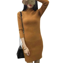 Для женщин Платья-свитеры Новый осень-зима Твердые Bodycon водолазка трикотажная Платья для женщин леди оболочка Вышивка Крестом Пакет хип дна Vestidos ab603