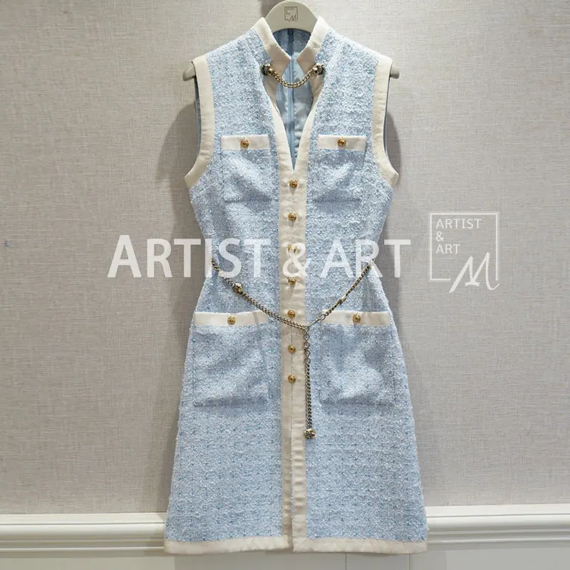 

Red RoosaRosee Runway Sweet Pink Blue Sleeveless Tweed Dress Women's High Quality Slim Chain Buttons Sexy Party Dresses Vestdios