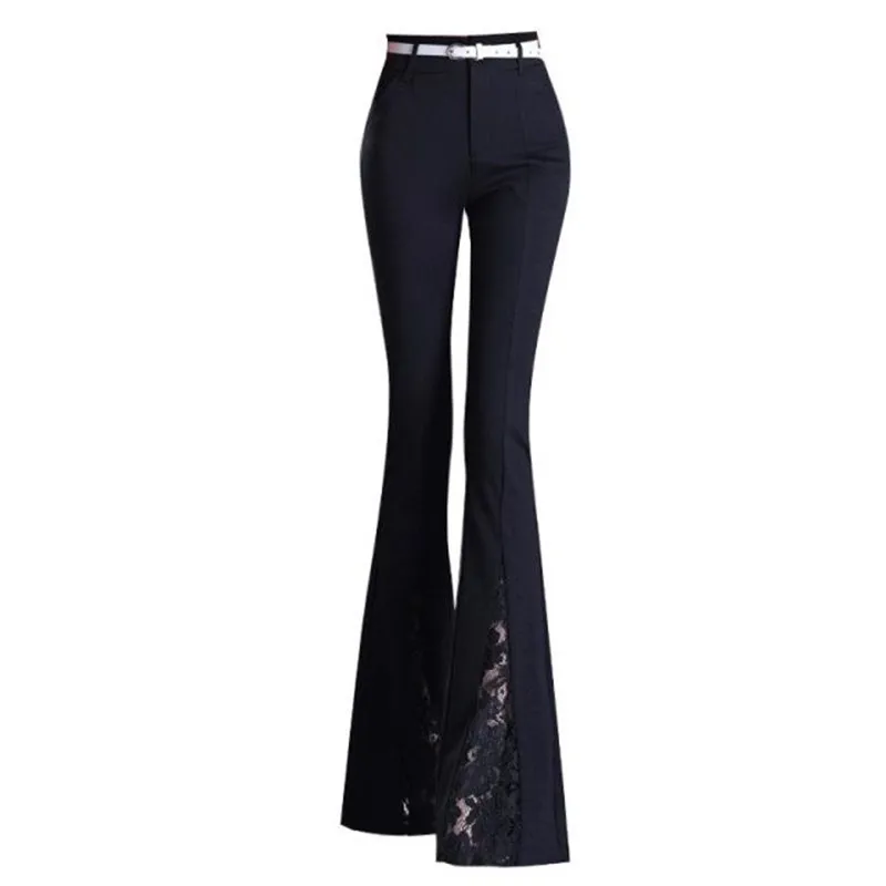 Elegant Office Lady Lace Embroidery Stitching Flared Pants Womens Sexy High Waist Bell Bottom Pants Casual Stretch OL Trousers