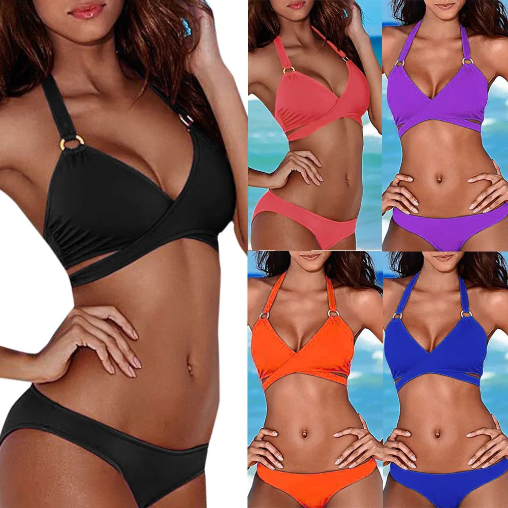 

Sexy Solid Cross Patchwork swimwear women bikini set beach bikinis push up swimsuit Women Backless women's swimming suit mayo