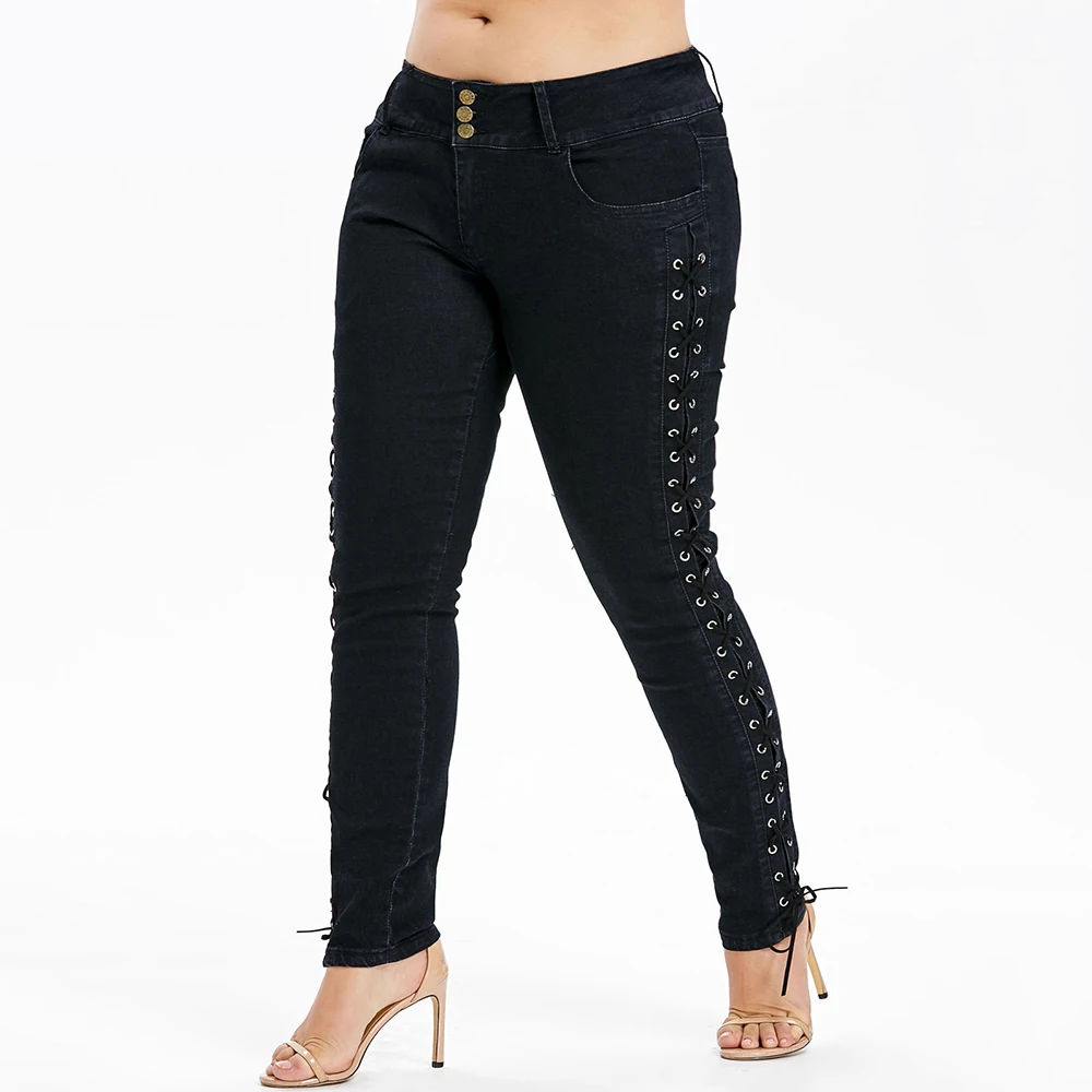 Kenancy Plus Size Sides Criss Cross Skinny Jeans Five Pocket Dark Wash Lace Up Three Button 