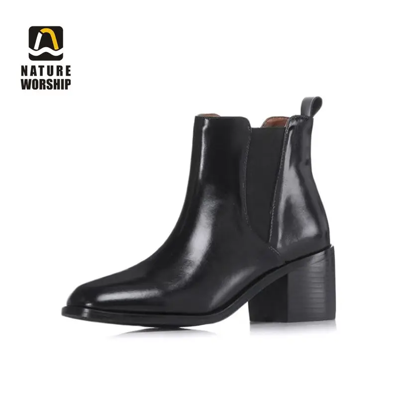 

Nature Worship Fashion Genuine Leather Ankle Chelsea Martin Short Boots Square Heel Women Shoes Square Toe Big Size Elastic band