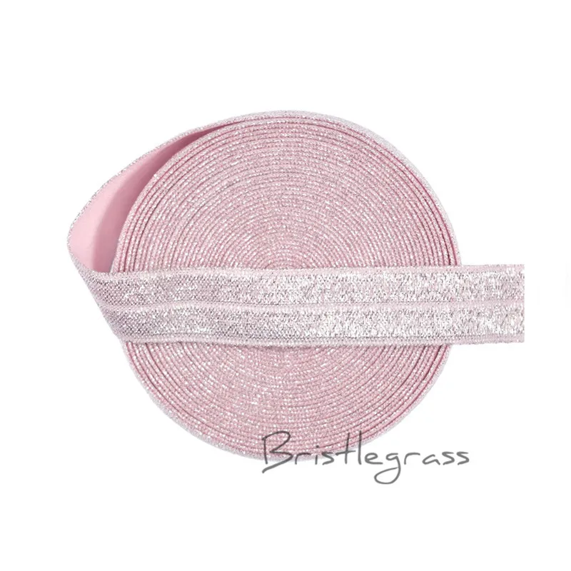 

BRISTLEGRASS 5 Yard 5/8" 1.5cm Silver Glitter FOE Icy Pink Fold Over Elastic Spandex Kids Hairband Headband Lace Trim DIY Sewing