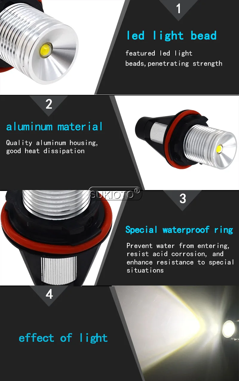 SUKIOTO Car LED Marker Angel Eyes Kit 6500K White Auto Headlight Bulb For E39 E60 E61 E65 X3 X5 Car Styling E39 LED Angel Eyes (6)