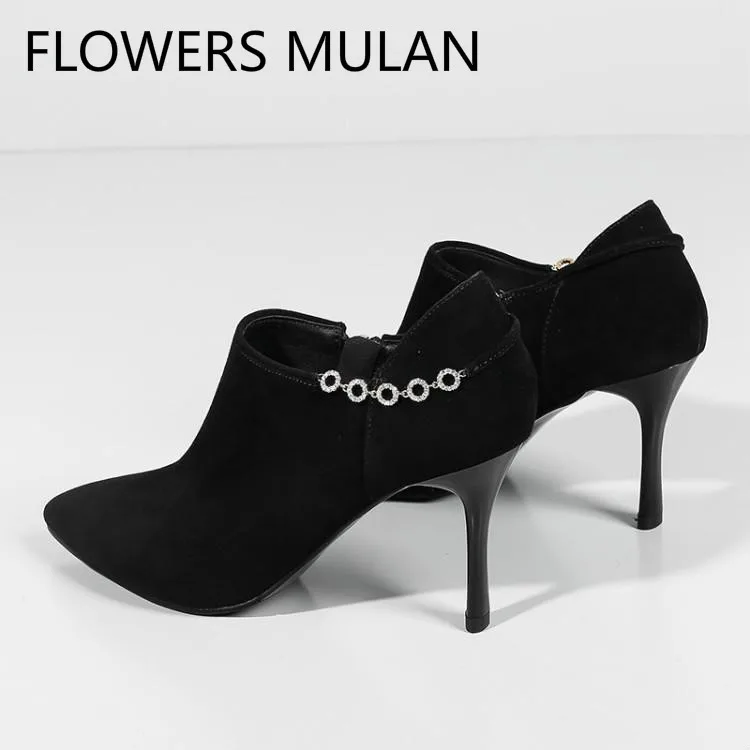 

Concise Black Suede Winter Boots Women Pointed Toe High Heels Stilettos Ladies Booties Side Chain Shoes Woman Botas Mujer Brand