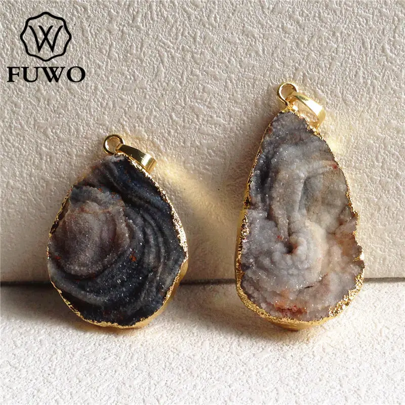 FUWO Free Shape Galaxy Stone Druzy Pendant,Gold Color Plated Raw Sun Agates Jewelry Accessories For Necklace Making PD132 5Pcs