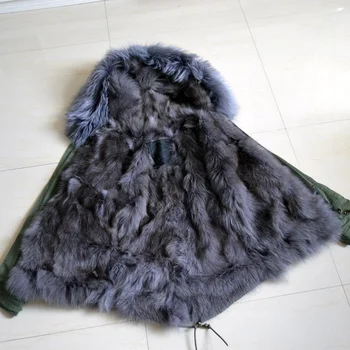 

Pure cotton shell Winter outerwear real grey fox fur jacket Mrs Mr short fur parka