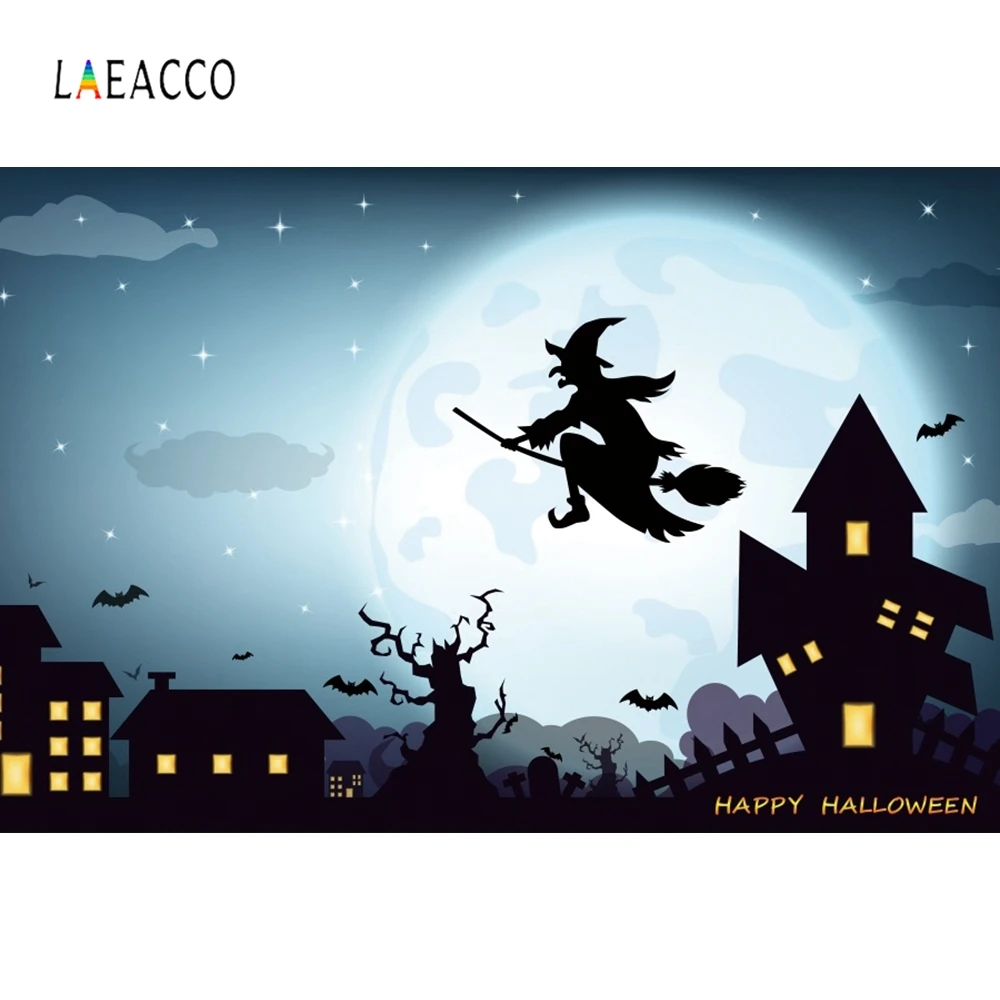 

Laeacco Witch Riding a Broom Moon Halloween House Bat Photography Backgrounds Customized Photographic Backdrops For Photo Studio