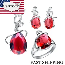 США Uloveido серебряный цвет красный фиолетовый горный хрусталь свадебное ожерелье кристалл серьги кольцо женская мода ювелирный набор T058