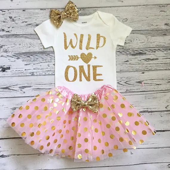 Personalizza Wild One First Birthday Body Onepiece Sparkle Polka Dot Tutu Dress Pagliaccetto Outfit Set Baby Shower Bomboniere