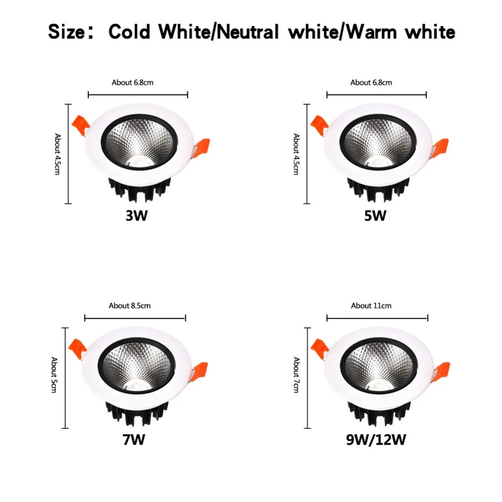 Светодиодный потолочный светильник COB Встраиваемая лампа 3 Вт 5 Вт 7 Вт 9 Вт 12 Вт регулируемый Светодиодный точечный светильник круглая спальня кухня Крытая 220В 220В