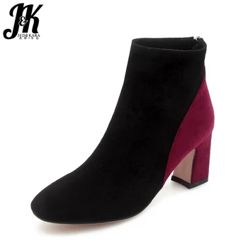 

JK High Heels Ankle Women Boots Autumn Flock Boot Square Toe Warm Footwear Zip Fashion Party Female Shoes 2018 Women Shoes