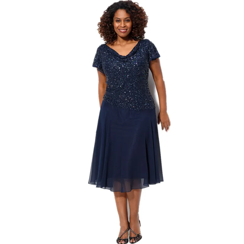 Navy Blue Plus Size Women Formal Dress Short Sleeves Sequin Top Chiffon ...