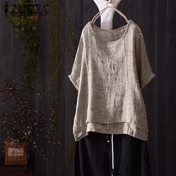 

2020 ZANZEA Women Vintage Summer Blouse Casual O Neck Short Sleeve Solid Shirt Cotton Linen Loose Top Blusas Plus Size