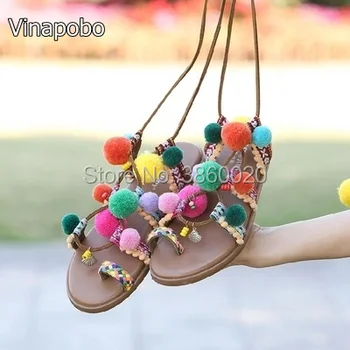 

Brand Designer Colorful ball & Fringe Pompon Style Thong Flip Flops Lace Up Tassels Gladiator Sandals Woman Summer Casual Shoes