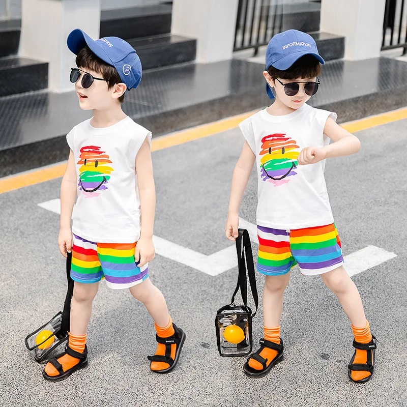 

Toddler Boy Clothes Boys Summer Clothes Boutique Kids Clothing Set T-shirt + Rainbow Shorts 1 2 3 4 5 6 7 Years