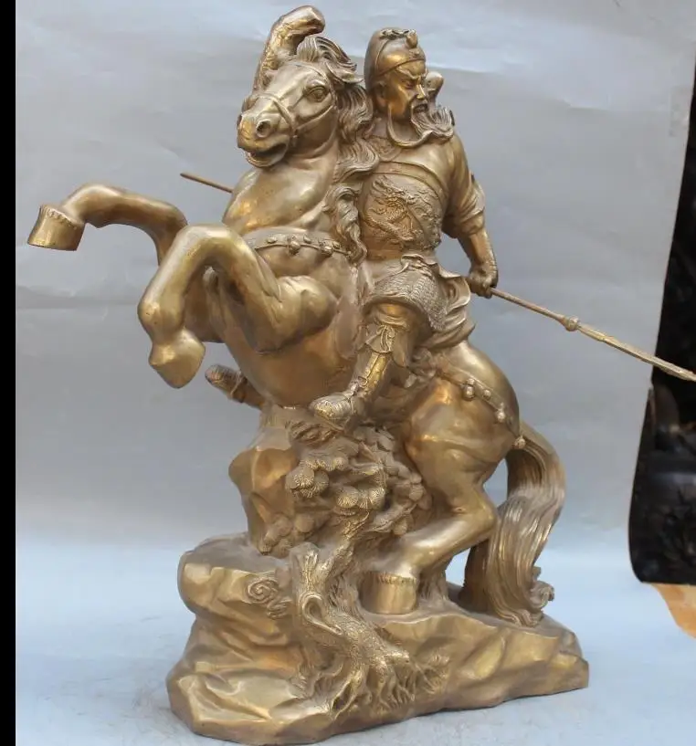 

Free Shipping 6189<<<22" Chinese Brass Guan Gong Yu Warrior God Dragon Ride Horse Hold Knife Statue