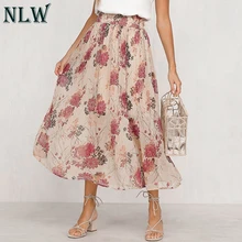 NLW Винтаж Feminino Плиссированные Миди юбки цветочный принт шифон, высокая талия юбки Повседневные оборки богемные элегантные юбки