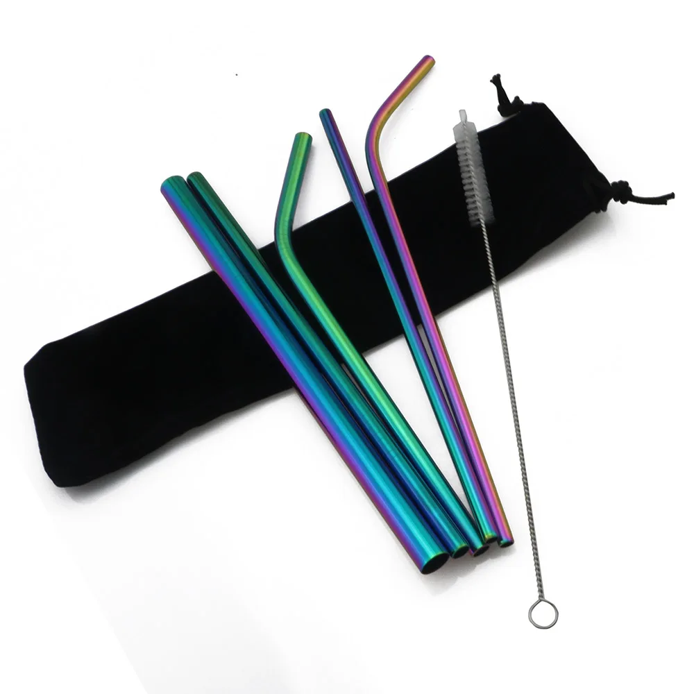7pcs Eco Friendly 12mm Rainbow Reusable Straw 304 Stainless Steel Metal