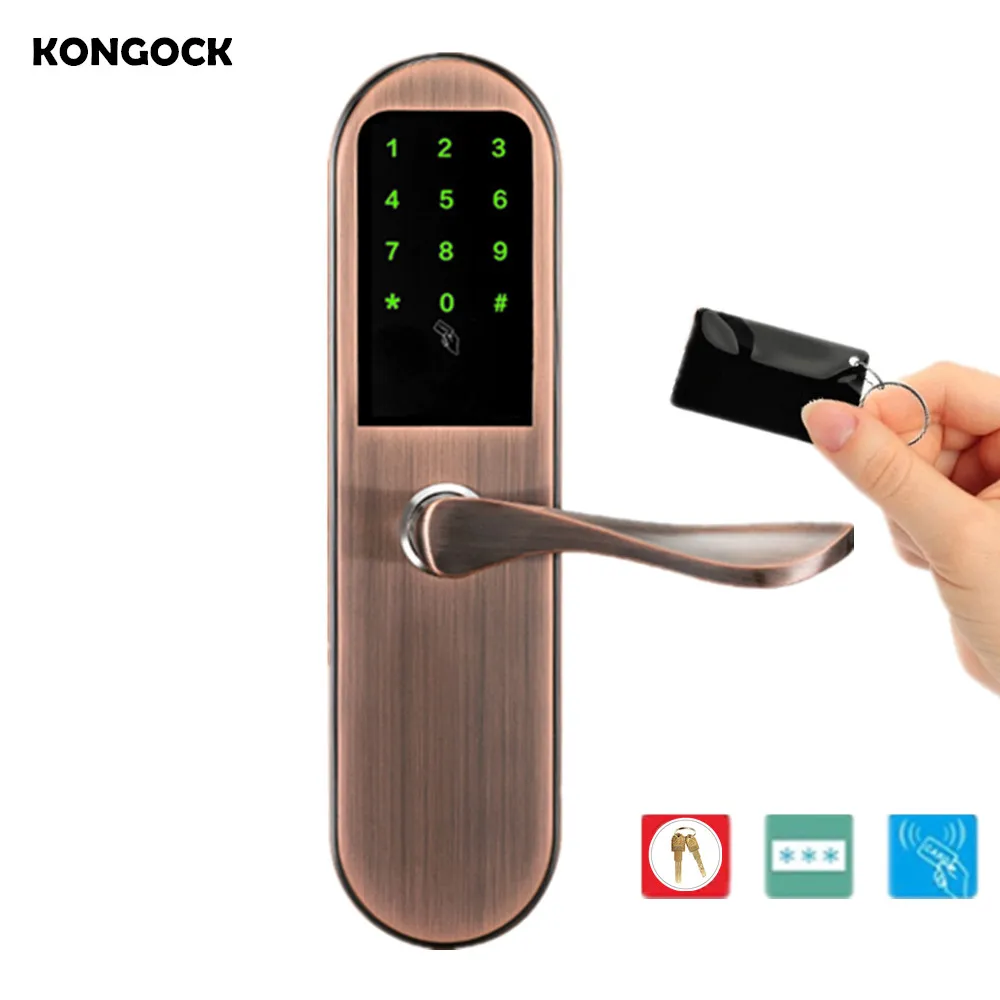 

Keyless RFID card access smart door lock, PIN code and emergency mechanical key unlocking